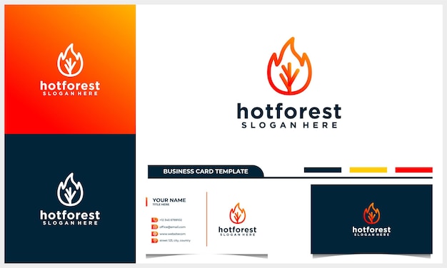 Vector line art fire and tree logo design concept with business card template