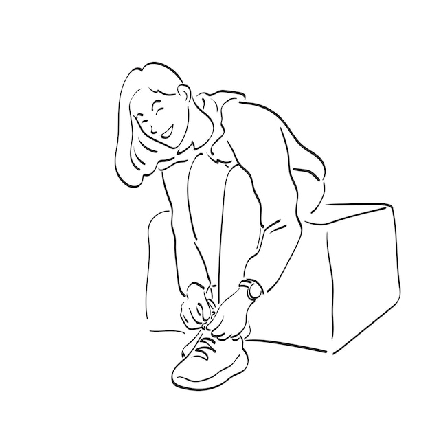 Line art fitness donna che lega i lacci delle scarpe illustrazione vettoriale disegnata a mano isolata su sfondo bianco