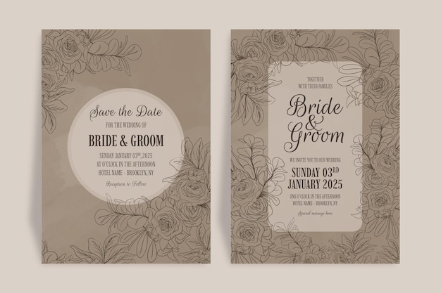 Line art floral leaves wedding invitation template set with abstract watercolor frame decoration