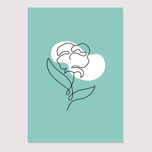 Line art floral poster with hand drawn peony Vector design on green background