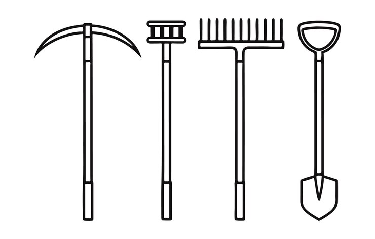 Вектор линия садовых инструментов pickaxe hoe rake and shovel