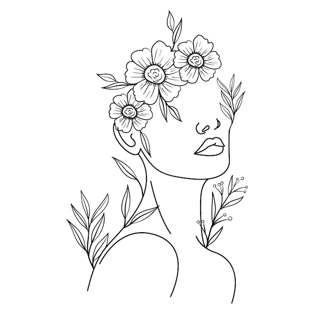 Line art girl portrait poster, flower continuous line drawing