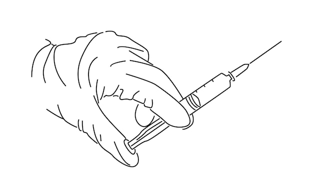 line art of gloved hand holding syringe vector illustration