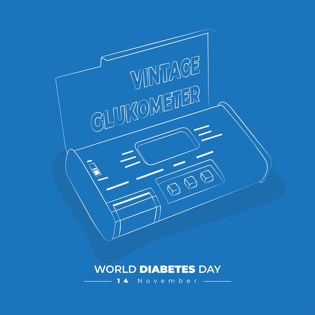 Line art of glucometer design for world diabetes day template in blue background design