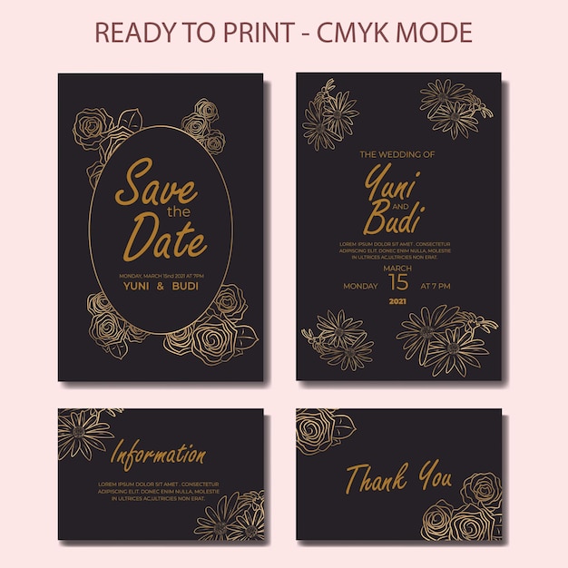 line art golden flower wedding invitation contemporary mid century