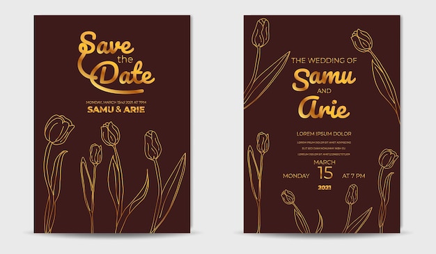 line art Golden flower wedding invitation contemporary mid century