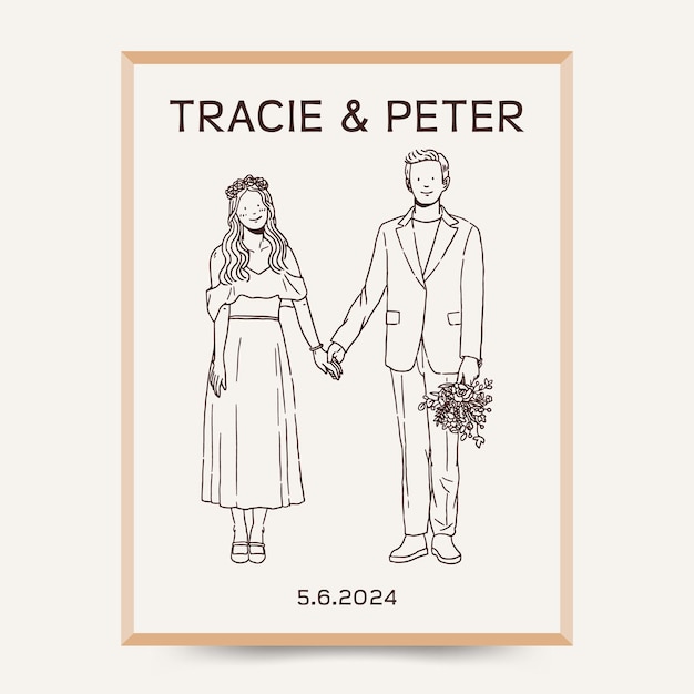 Vector line art groom holding hands of bride custom names and date