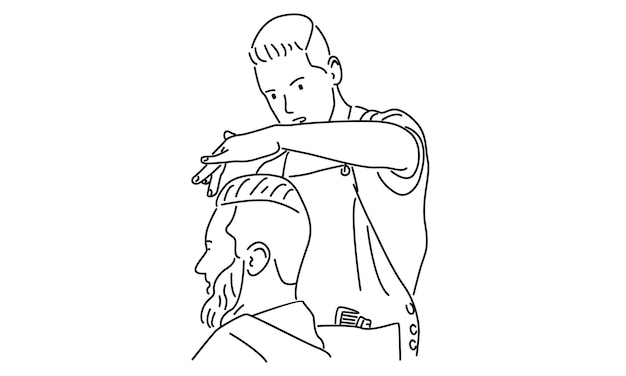 Line art of hairstylist serving client at barbershop