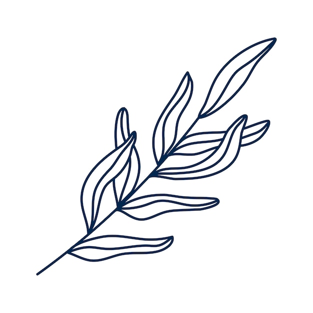 흰색 배경에 잎이 있는 라인 아트 손으로 그린 나뭇가지 식물 디자인 요소