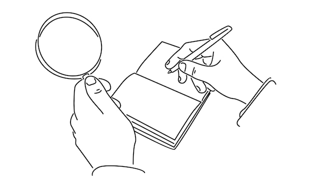 line art of hand hold a magnifying glass vector illustration