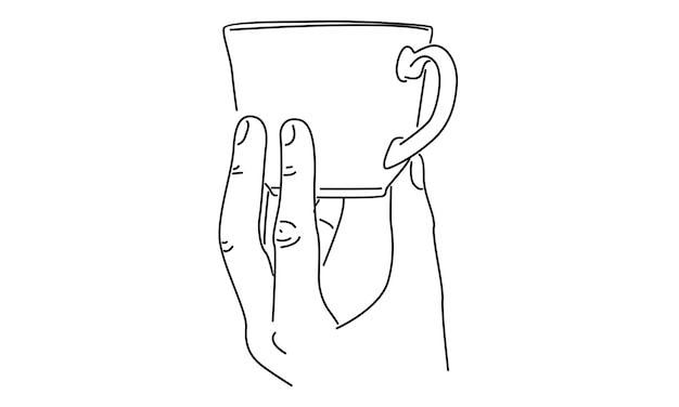 Linea arte della mano che tiene l'illustrazione vettoriale della tazza di caffè