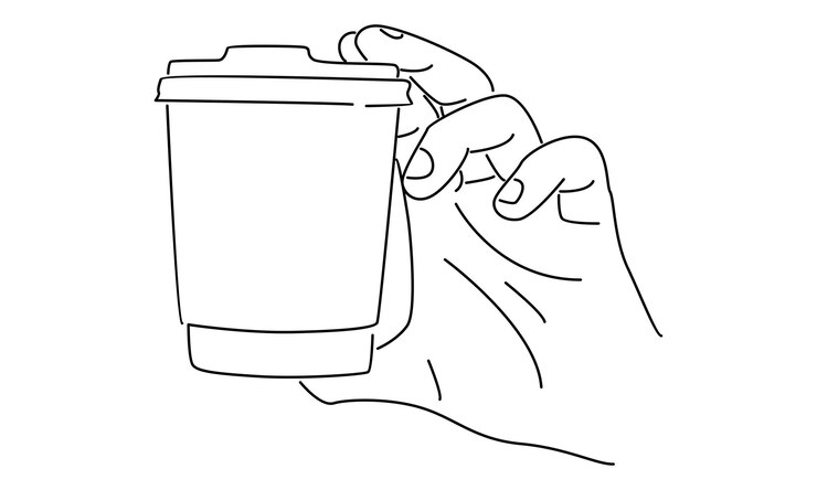 コーヒードリンクのベクトル図のプラスチックカップを持っている手の線画