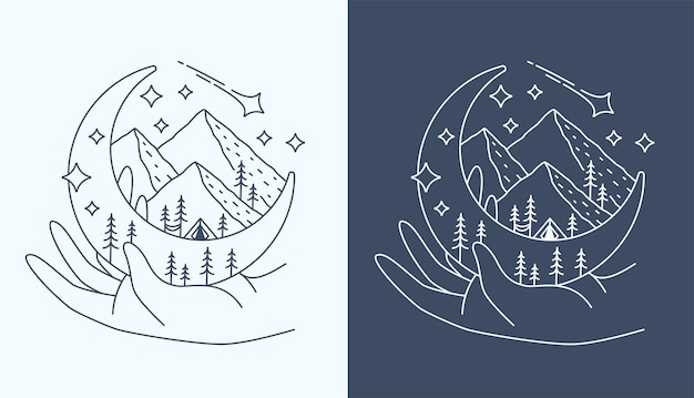 line art hand and mountain views design