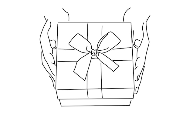 line art of hands holding kraft gift box tied with ribbon vector illustration