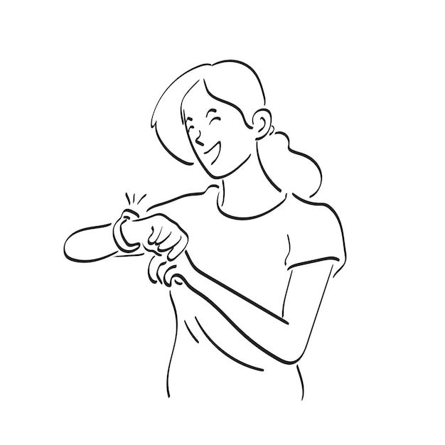 line art happy woman holding hand with wrist watch illustration vector hand drawn