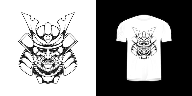 Vector line art head samurai illustration for tshirt design