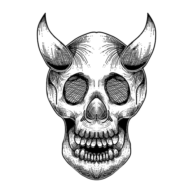 Vector line art head skull with horns for wallpaper and t-shirt