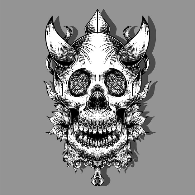 line art head skull with horns for wallpaper and t-shirt