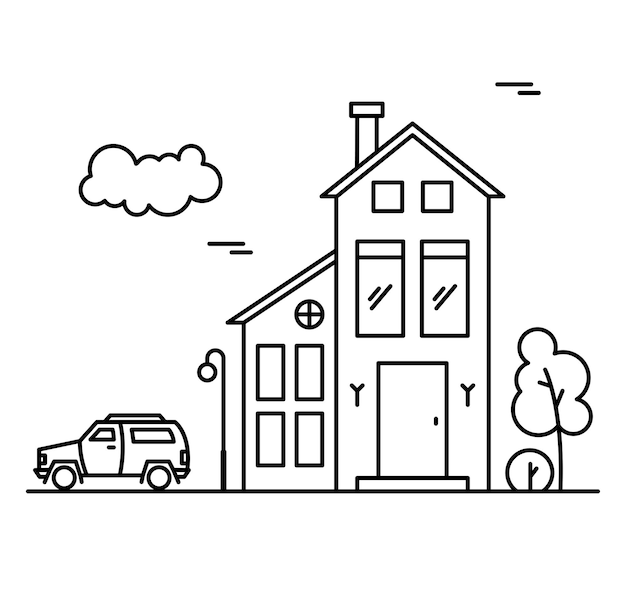 Vector line art house with a car.