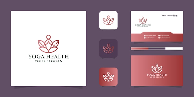 A line art icon logo of a yoga person with buddha line logo and business card design