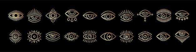 Набор иконок линии искусства злобного глаза золотые мистические эзотерические знаки линейный стиль