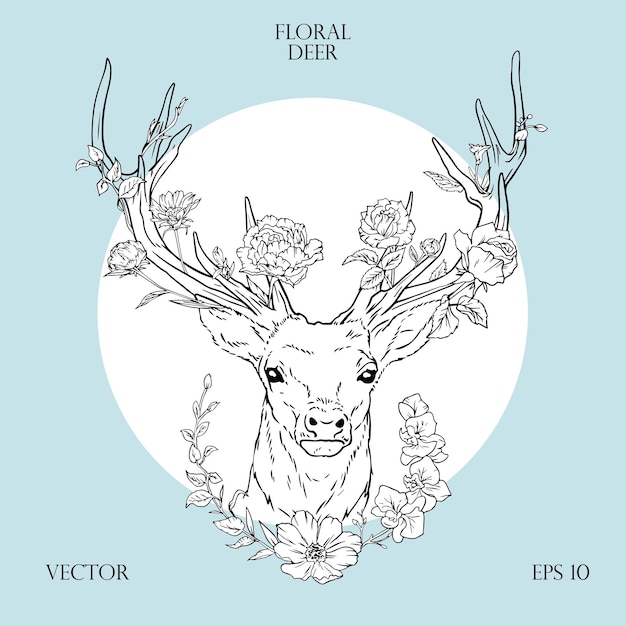 Vector line art illustration of deer face with blooming flowers