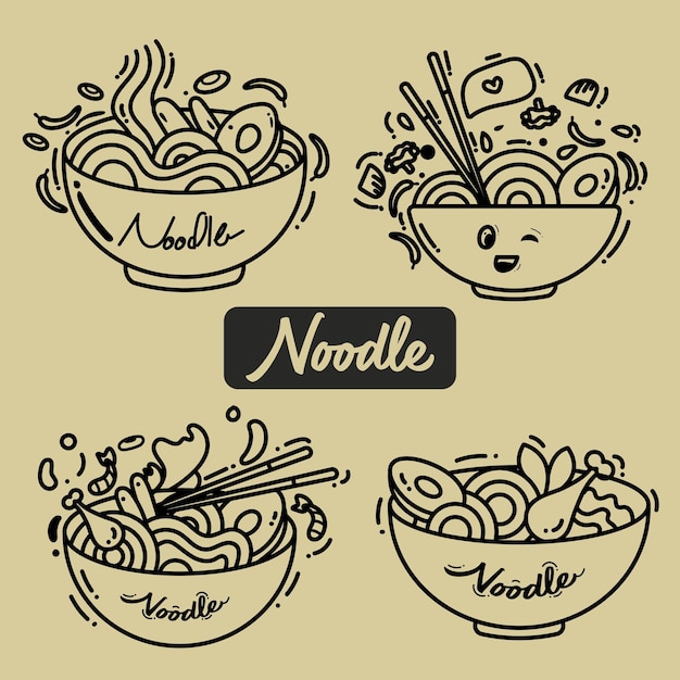 Vector line art illustration of noodles with various toppings eps 10 collection set