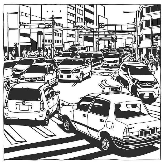 Вектор line_art_illustration_of_busy_street_crossing (илюстрация перекрестка оживленной улицы)