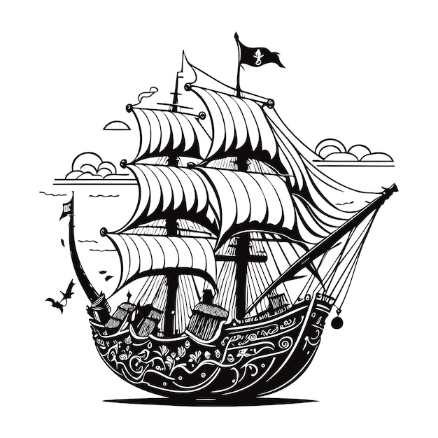 line art illustration of pirates cruise vector