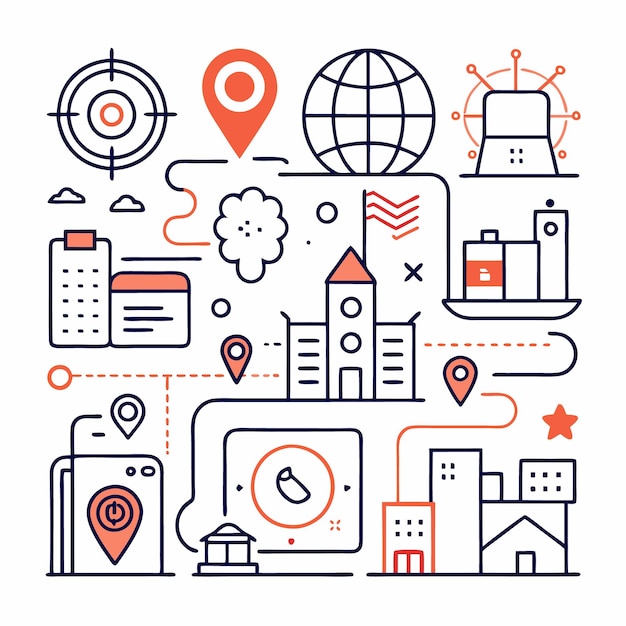 line art illustration of various abstract icons representing concepts like location target buildings navigation travel and global connection