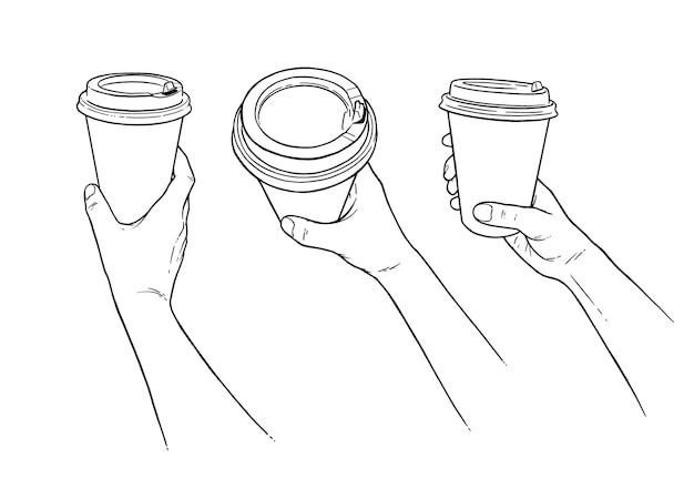 Line art illustrations of hands holding coffee cup