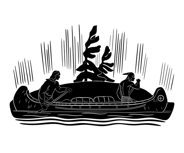 Vector line art indian man with boat and lake handmade silhouette model 3