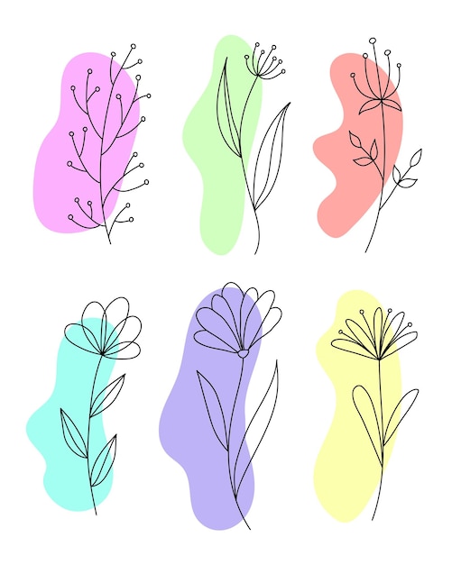 Vettore line art è un insieme di fiori disegnati a mano su punti astratti multicolori illustrazione isolata di fiori vettoriali su sfondo bianco