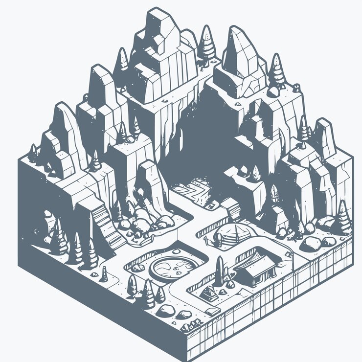 Vector line art isometric illustration of cave
