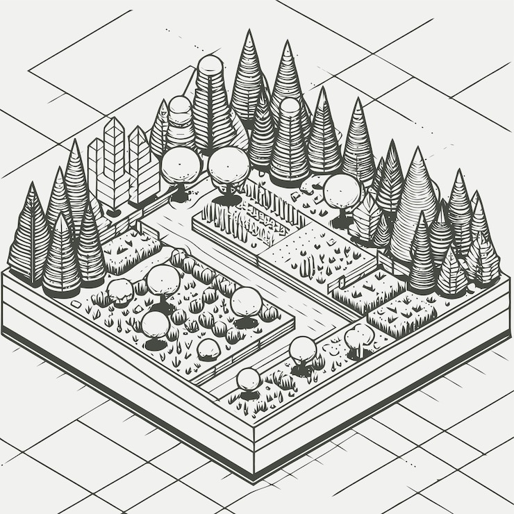 Vector line art isometric illustration of jungle
