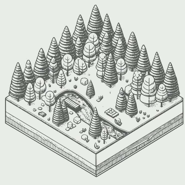 Vector line art isometric illustration of jungle