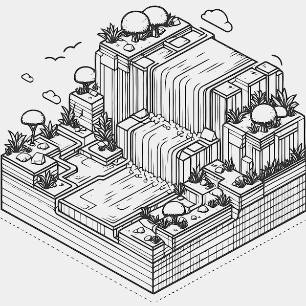 line art isometric illustration of waterfall