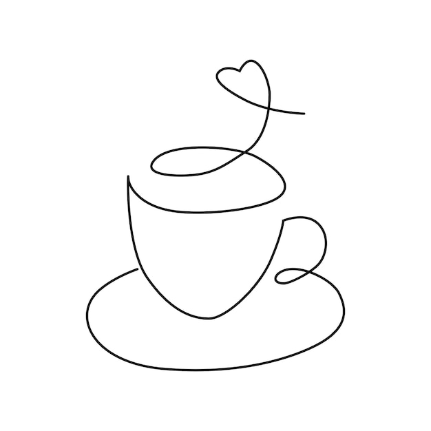 Vector line art kopje warme drank lineaire beker met hartvormige stoom