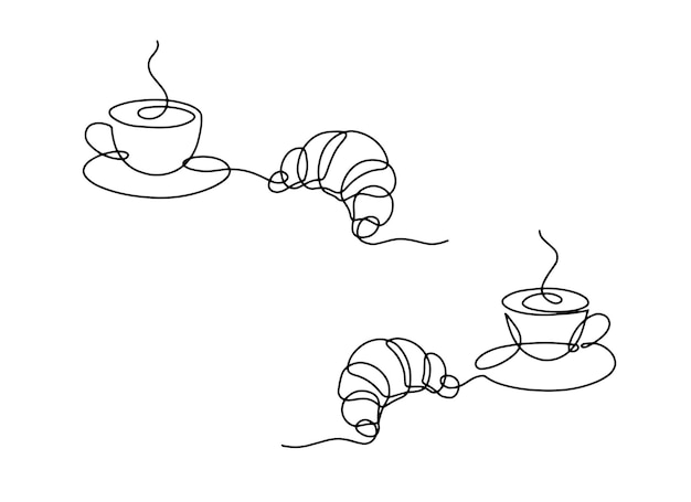 Line art kopje warme drank met croissant lineaire kopje koffie met stoom en gebak