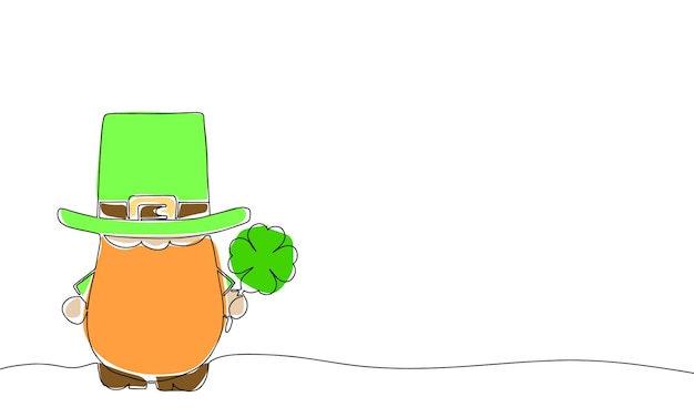 Line art leprechaun con trifoglio. contorno, un'illustrazione a linea continua con colore per patrick