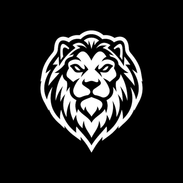 ライン アート ライオンのロゴ デザイン。暗い背景にライオン ヘッド髪たてがみクレスト ベクトル アイコン