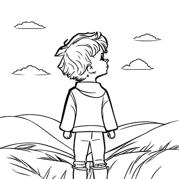 A line art of a little boy standing on the grass looking up to the sky the sun is shining breeze