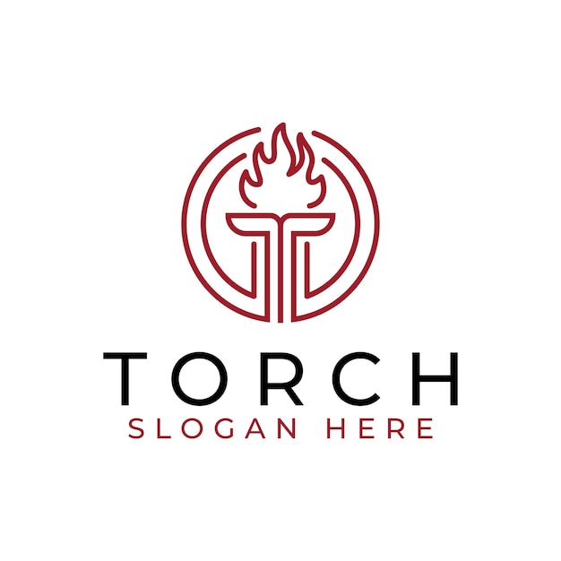 Line art logo of burning torch fire or flame with circle pillar column logo design