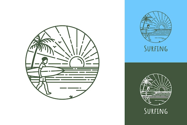 Logo line art del surf su una spiaggia tropicale