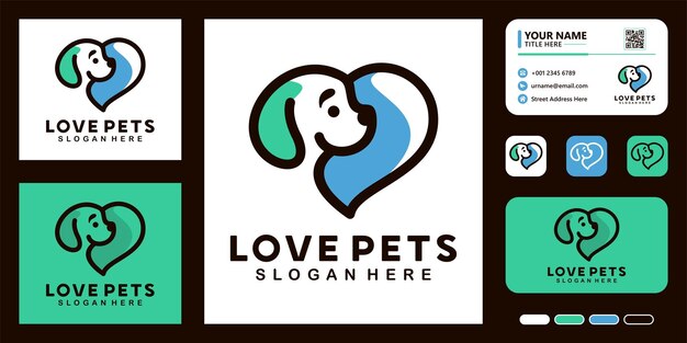 line art love pets with cute dog logo design concept and business card template
