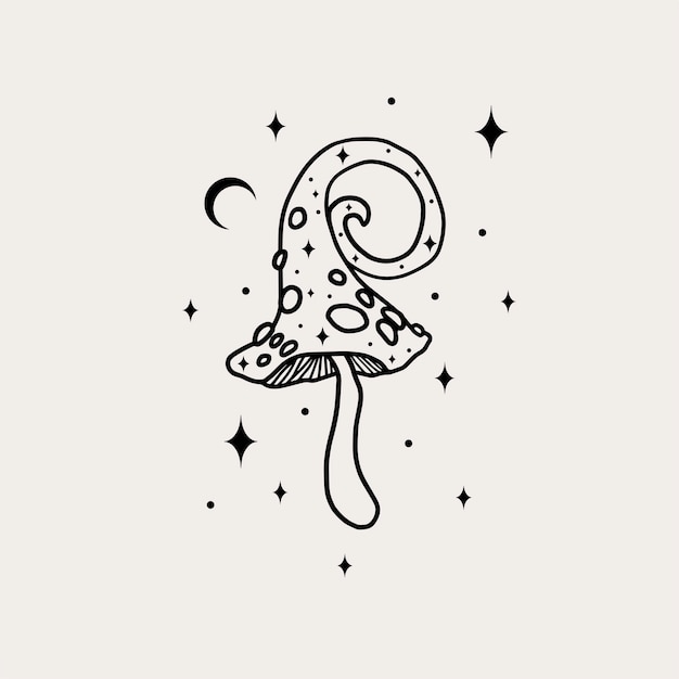 Line art magical mushrooms. Black line vector art.