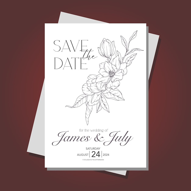 Vettore art magnolia flower wedding invitation template outline magnolia minimalist wedding stationery