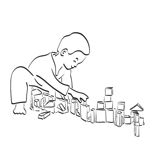 Линейное искусство мальчик ребенок играет строительные блоки игрушки иллюстрация вектор рукой нарисованный изолированный