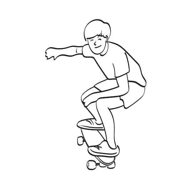 Vettore line art skateboarder maschio con sorriso illustrazione vettoriale disegnata a mano isolata su sfondo bianco