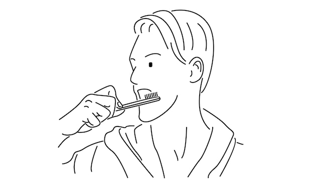 line art of man brushing his teeth vector illustration